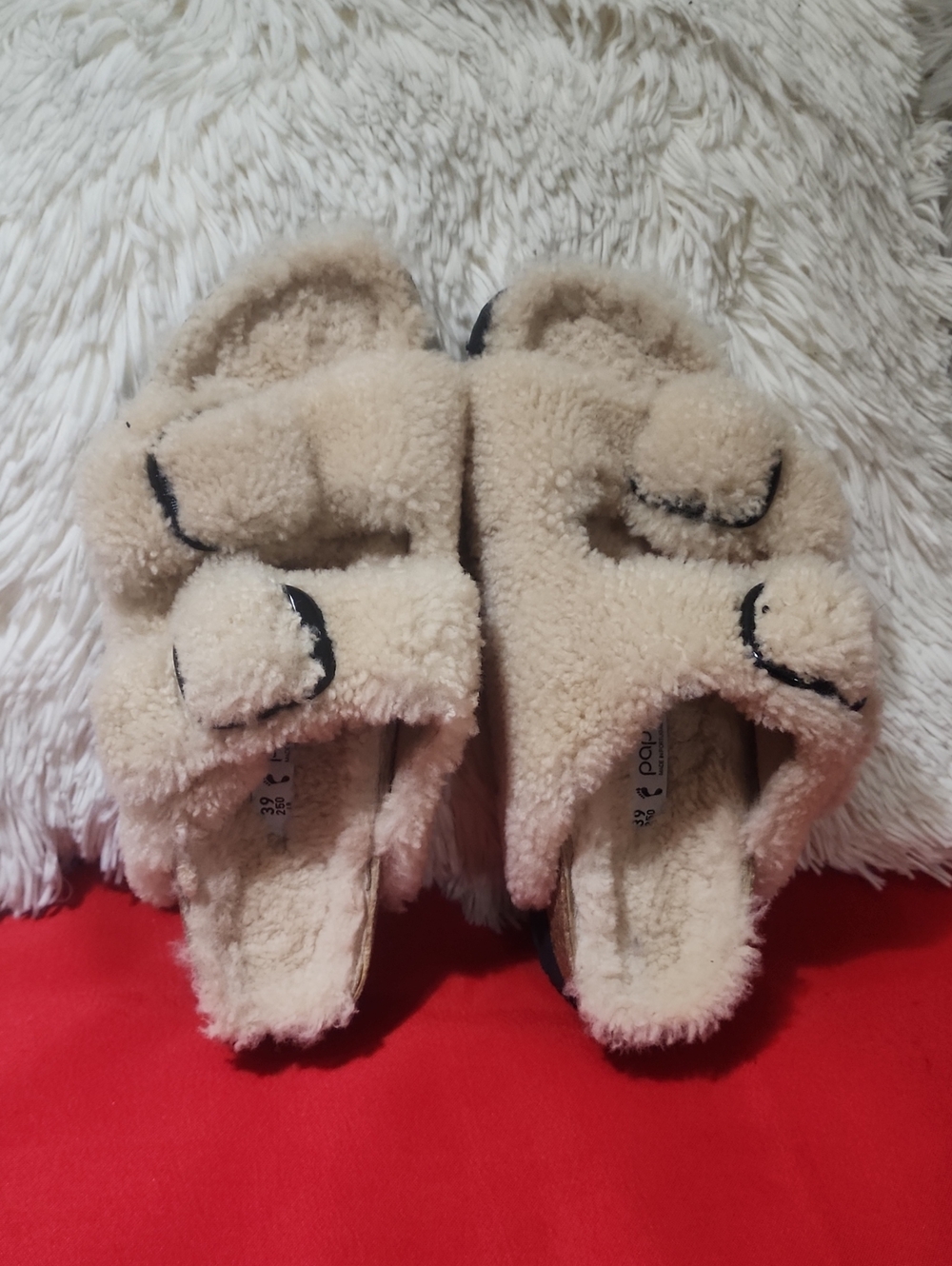 Papillio Plush Double-Strap Slide Sandals in Beige with Black Accent